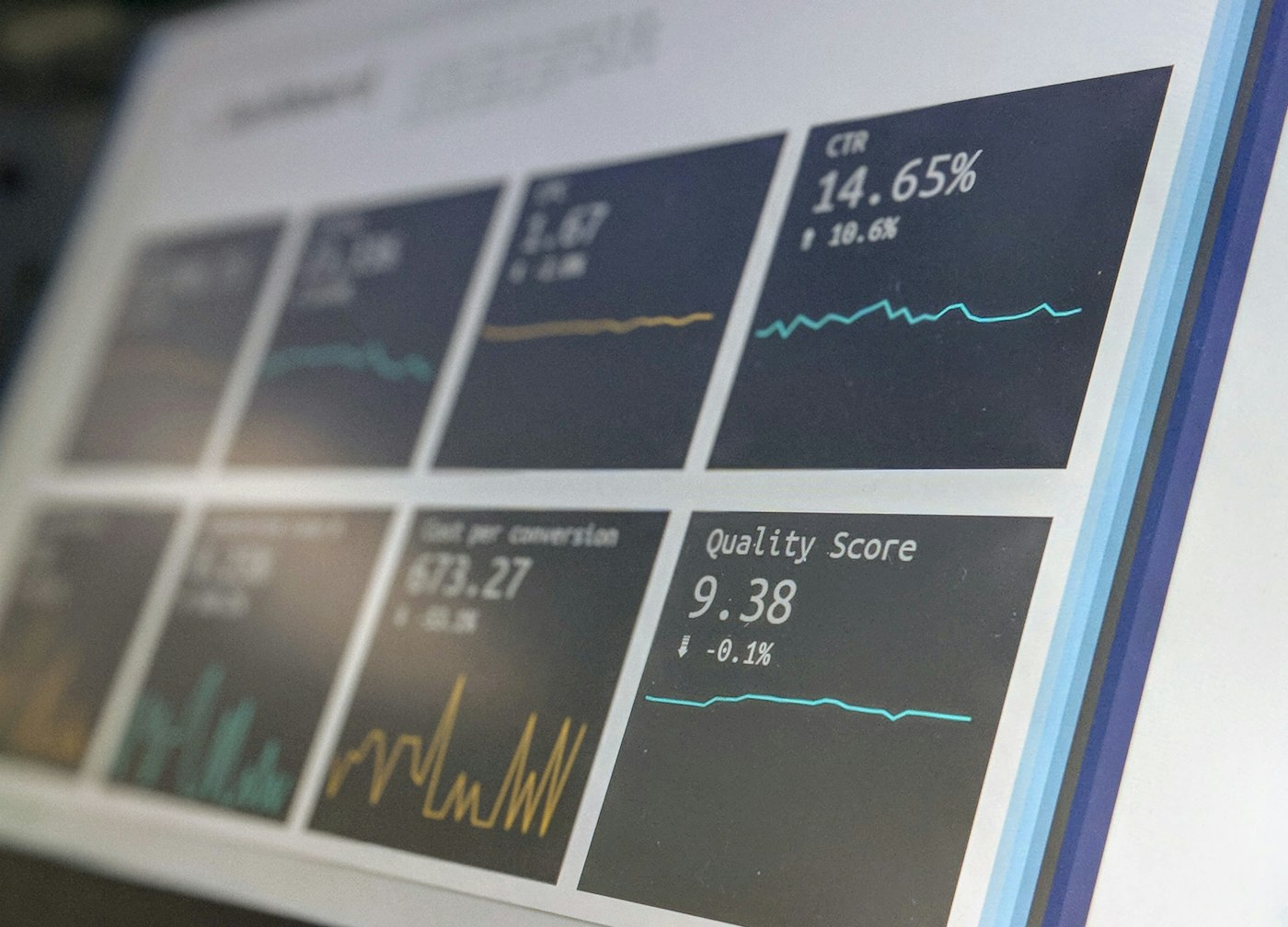 A dashboard screen showing conversion metrics and trend lines at an angle