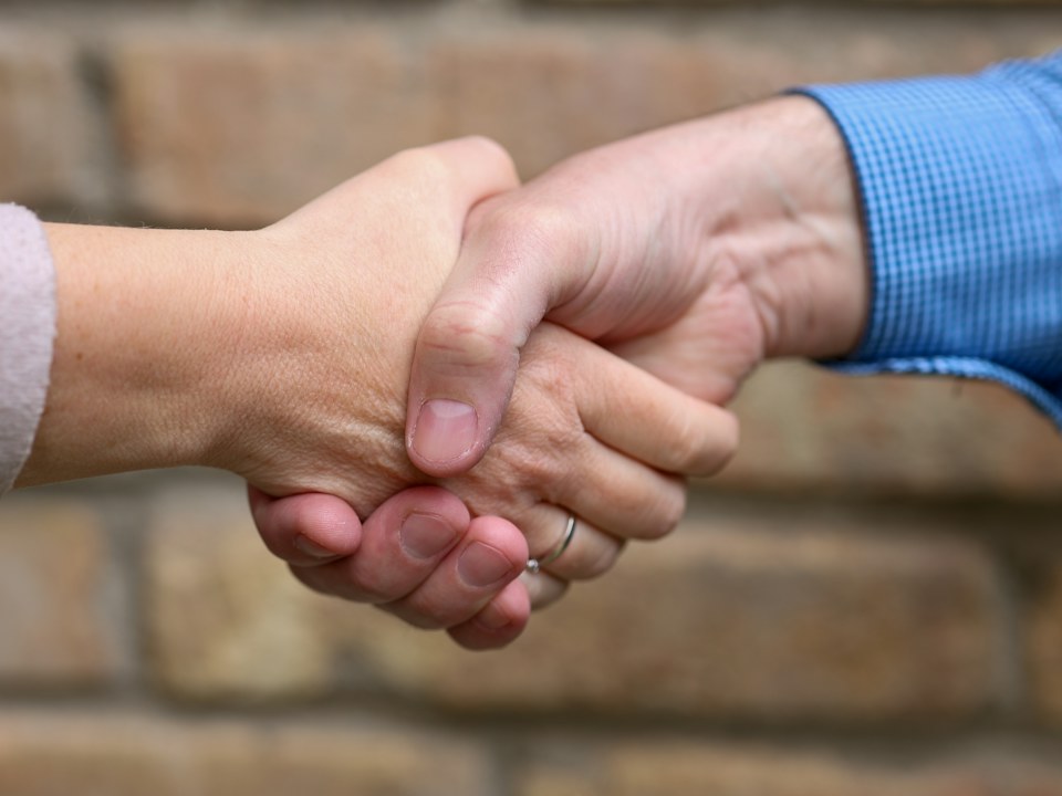 Two people shaking hands in front of a brick wall