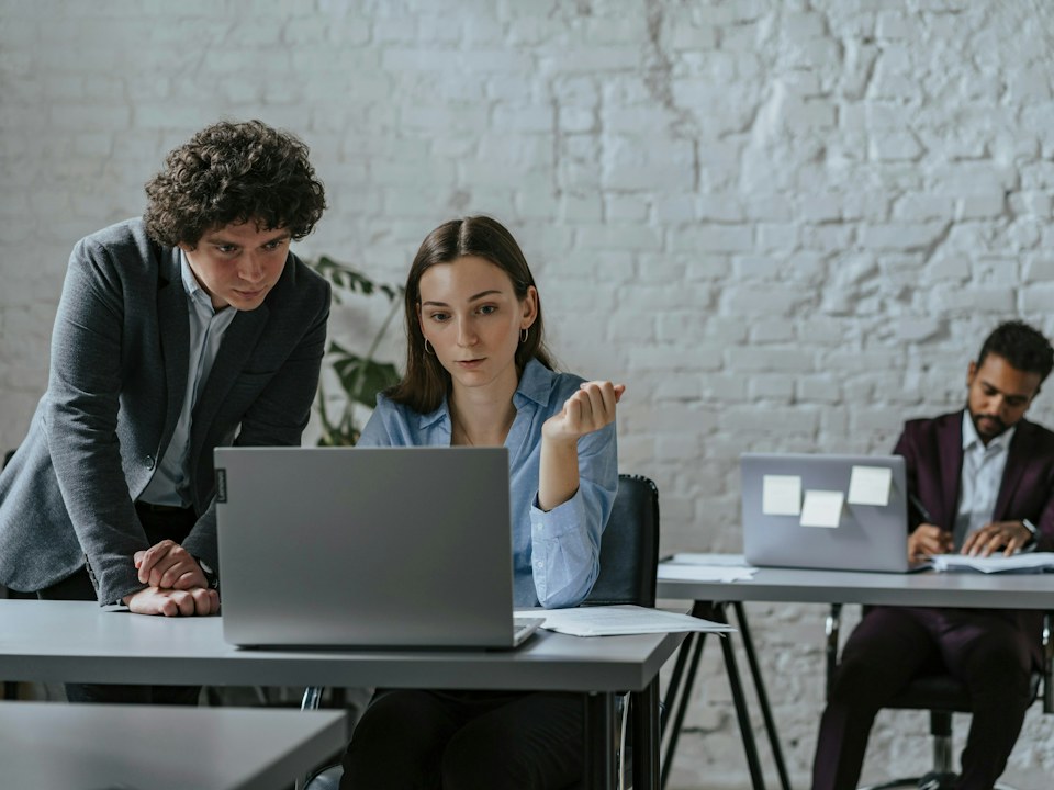 Colleagues working together at their laptops in an office